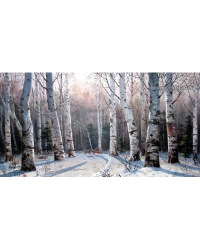 ציור שמן יער מושלג ויעלים חוצים שביל